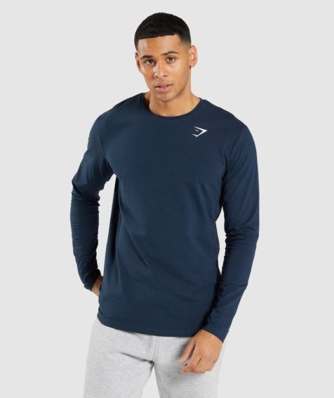 Men's Gymshark Essential Long Sleeve T-Shirts Navy | NZ 4QLIYF